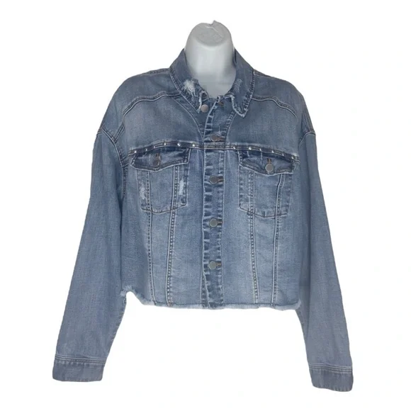 Liverpool Faded Blue Distressed Wide Long Sleeve Crop Denim Jean Jacket Medium - Picture 5 of 14